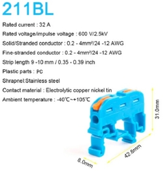 Rychlospojka bezšroubová 1x1 na 1x1 s páčkou pro kabely 0,08-4mm2 na DIN lištu modrá