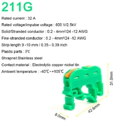 Rychlospojka bezšroubová 1x1 na 1x1 s páčkou pro kabely 0,08-4mm2 na DIN lištu zelená
