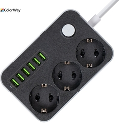 ColorWay CW-CHE36B prodlužovací napájecí přívod, 3 zásuvky, 6x USB, 1.8m