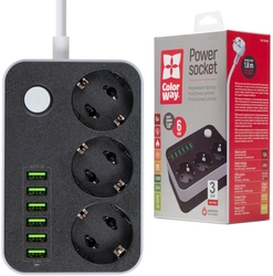 ColorWay CW-CHE36B prodlužovací napájecí přívod, 3 zásuvky, 6x USB, 1.8m