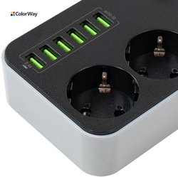 ColorWay CW-CHE36B prodlužovací napájecí přívod, 3 zásuvky, 6x USB, 1.8m