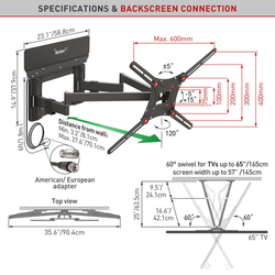 Držák TV Barkan VTM464L - vícepohybový držák s integrovanou aktivní 30dB UHF DVB-T2 anténou, VESA do 600x400, nosnost 60kg