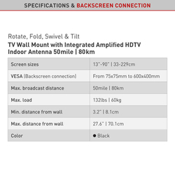 Držák TV Barkan VTM464L - vícepohybový držák s integrovanou aktivní 30dB UHF DVB-T2 anténou, VESA do 600x400, nosnost 60kg