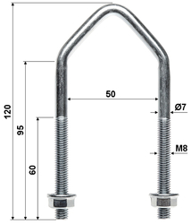 Hákový šroub, třmen M8 rozteč 62mm, tvar V, 2x matka s límcem