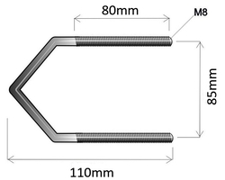 Hákový šroub M8, třmen tvaru V rozteč R85mm + 2x podložka + 2x matka