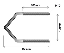 Hákový šroub M10, třmen tvaru V rozteč R120mm + 2x podložka + 2x matka 