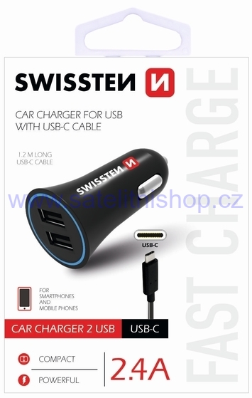 Auto nabíječka CL adaptér 2,4A Power 2x USB + kabel USB-C SWISSTEN 20110908