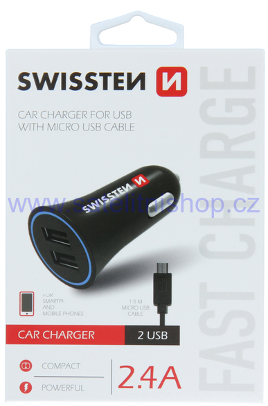 Auto nabíječka CL adaptér 2,4A Power 2x USB + kabel USB micro SWISSTEN 20110900