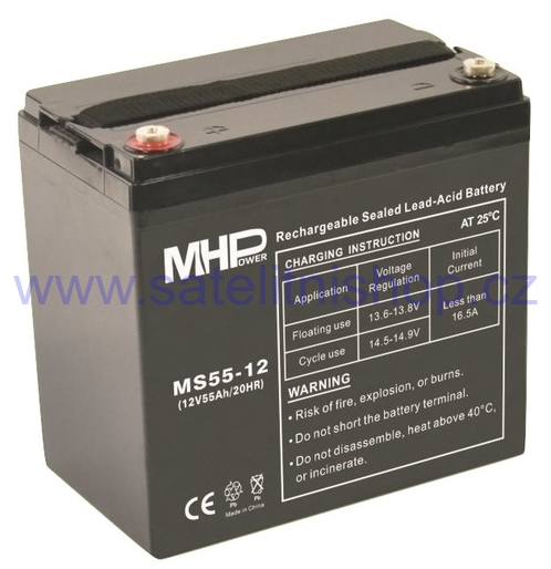 Baterie olověná, MHPower MS55-12 olověný akumulátor AGM 12V/55Ah, Terminál T1 - M6